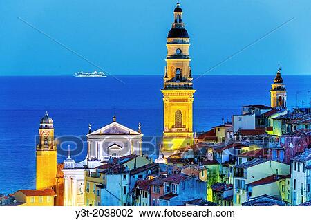 Europe, France, Alpes-Maritimes, Menton. The old town, and the Basilica of Saint Michel at night. View Large Photo Image Stock Image - Europe, France, Alpes-Maritimes, Menton. The old town, and the Basilica of Saint Michel at night.. Fotosearch