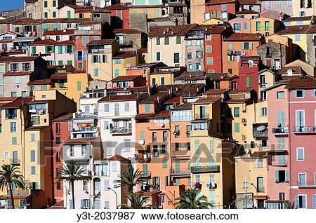 Europe, France, Alpes-Maritimes, Menton. The colored house of the old town. View Large Photo Image Stock Photo - Europe, France, Alpes-Maritimes, Menton. The colored house of the old town.. Fotosearch