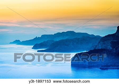 Stock Image - Europe, France, Bouches-du-Rhone 13, Marseille, European Capital of Culture 2013, 9th district, creek, Calanque National Park since 18/04/2012 Sunset. Fotosearch