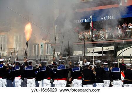 Europe, France, Var, 83, St Tropez, the bravado, marine gunfire shot in front of the hotel Sube View Large Photo Image Stock Image - Europe, France, Var, 83, St Tropez, the bravado, marine gunfire shot in front of the hotel Sube. Fotosearch