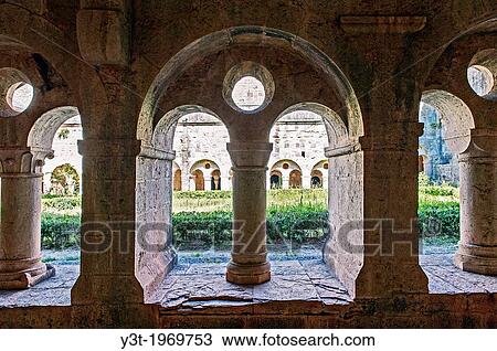 Stock Image - Europe, France, Var, Le Thoronet, Cistercian Abbey. The cloister.. Fotosearch