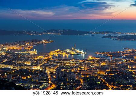 Europe, France, Var, Toulon. View from the Mont Faron, Toulon harbor by night. View Large Photo Image Stock Photography - Europe, France, Var, Toulon. View from the Mont Faron, Toulon harbor by night.. Fotosearch