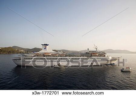 Stock Image - europe, greece, dodecanese, patmos island, panoramic view of skala. Fotosearch