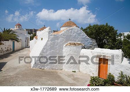 europe, greece, dodecanese, patmos island, chora, church View Large Photo Image Stock Photo - europe, greece, dodecanese, patmos island, chora, church. Fotosearch