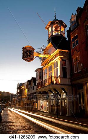europe, UK, England, Surrey, Guildford, Guildhall, high street dusk View Large Photo Image Stock Photo - europe, UK, England, Surrey, Guildford, Guildhall, high street dusk. Fotosearch