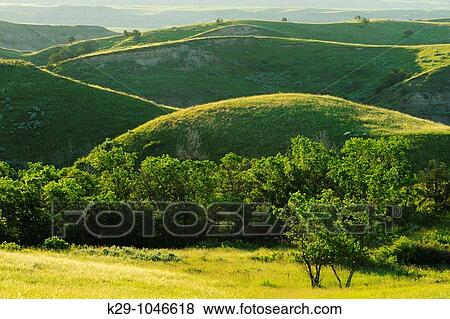 Evening light on rounded badlands hills View Large Photo Image Stock Photo - Evening light on rounded badlands hills. Fotosearch
