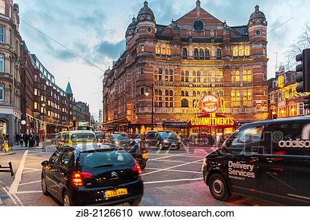 Stock Image - Evening traffic on Shaftesbury Avenue with The Palace Theatre, London, England.. Fotosearch