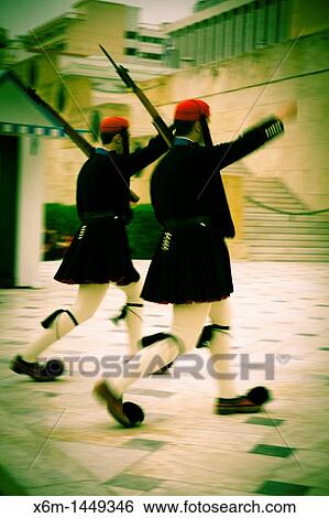 Stock Photograph - Evzones changing the guard Tomb of the Unknown Soldier Athens, Greece, Europe. Fotosearch