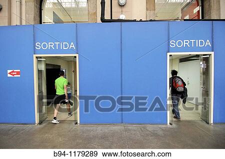 Stock Photo - Exit doors in Estacio del Nord bus station, Barcelona, Catalonia, Spain. Fotosearch