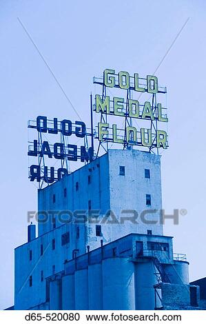Stock Image - Exterior of Mill City Museum located in reconverted flour mill. Sign for? Gold Medal Flour? originally made at this mill. Minneapolis. Minnesota. USA.. Fotosearch