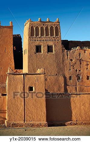 Stock Photography - Exterior of the mud brick Kasbah of Taourirt, Ouarzazate, Morocco, built by Pasha Glaoui. A Unesco World Heritage Site.. Fotosearch