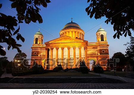 Exterior of the Neo Classical Esztergom Basilica at night, Cathedral ( Esztergomi Bazilika ), Hungary. View Large Photo Image Picture - Exterior of the Neo Classical Esztergom Basilica at night, Cathedral ( Esztergomi Bazilika ), Hungary.. Fotosearch