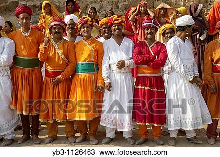 Stock Image - Extras during Filming of a Bollywood Movie at The Amber Fort near Jaipur, Rajasthan State, India. Fotosearch