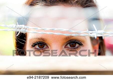 Eyes of a brunette woman looking through the barbed wire of a fence. View Large Photo Image Stock Photo - Eyes of a brunette woman looking through the barbed wire of a fence.. Fotosearch