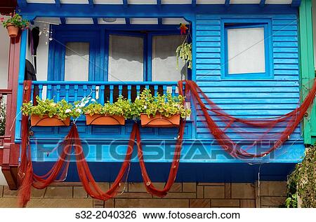 Stock Photograph - Facade in fishing village of Tazones, Asturias, Spain.. Fotosearch