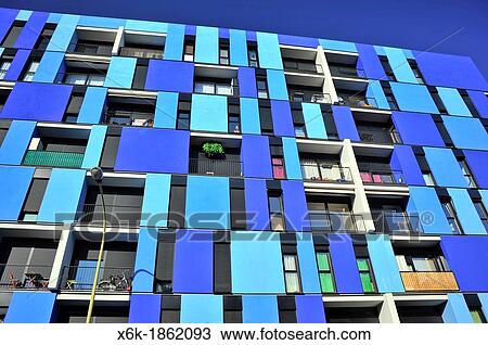 Stock Image - Facade of apartament building in the 22 @ district, Barcelona, Catalonia, Spain.. Fotosearch