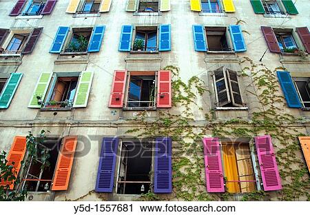 facade of building with windows and colorful wooden shutters, in Geneva, Switzerland, Europe View Large Photo Image Stock Image - facade of building with windows and colorful wooden shutters, in Geneva, Switzerland, Europe. Fotosearch