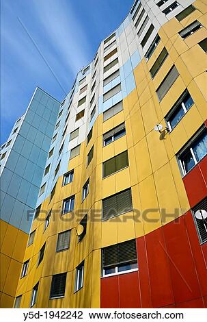 Stock Image - facade of residential building, flats, apartments, facade painting, Les Avanchets, Geneva, Switzerland, Europe. Fotosearch
