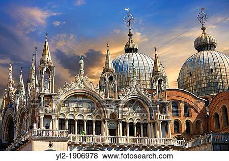 Facade with Gothic architecture and Romanesque domes of St Mark's Basilica, Venice View Large Photo Image Stock Photo - Facade with Gothic architecture and Romanesque domes of St Mark's Basilica, Venice. Fotosearch