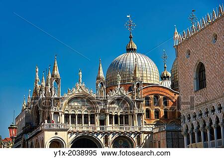 Facade with Gothic architecture and Romanesque domes of St Mark's Basilica, Venice. View Large Photo Image Stock Photography - Facade with Gothic architecture and Romanesque domes of St Mark's Basilica, Venice.. Fotosearch