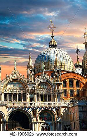 Facade with Gothic architecture and Romanesque domes of St Mark's Basilica, Venice View Large Photo Image Stock Photography - Facade with Gothic architecture and Romanesque domes of St Mark's Basilica, Venice. Fotosearch
