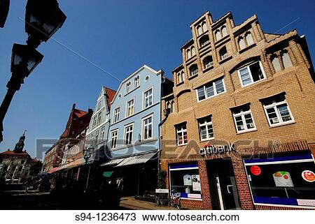 Stock Image - Facades and street in Luneburg, Low Saxony, Germany. Fotosearch