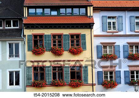 Facades and windows of old houses of Freiburg im Breisgau View Large Photo Image Stock Photo - Facades and windows of old houses of Freiburg im Breisgau. Fotosearch