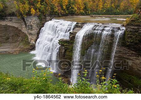 Stock Image - Fall color at the Middle Falls of the Genesee River in Letchworth State Park in New York State. Fotosearch
