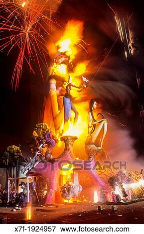 Falla of Plaza del Ayuntamiento burning and fireworks, Fallas festival, Valencia, Spain View Large Photo Image Stock Photo - Falla of Plaza del Ayuntamiento burning and fireworks, Fallas festival, Valencia, Spain. Fotosearch