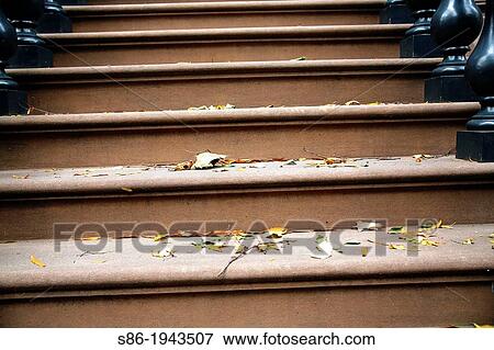 Stock Photo - Fallen Leaves and Twigs Scattered on the Steps of Brownstone Town House, New York, NY, USA.. Fotosearch
