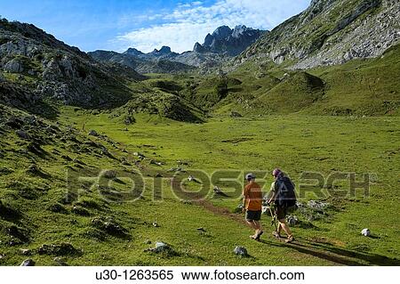 Stock Photography - Family practice mountaineering along a route, in the Cornion massif, near to the Covadonga Lakes, in the Picos de Europa National Park, Asturias, Spain. Fotosearch