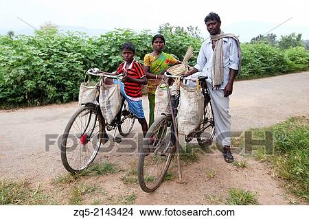 Family returning home on bicycle with household items from market. Mahali tribe, Manjura village, Bokaro, Jharkhand, India. View Large Photo Image Picture - Family returning home on bicycle with household items from market. Mahali tribe, Manjura village, Bokaro, Jharkhand, India.. Fotosearch