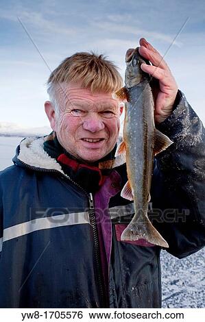 Stock Photograph - Farmer holding arctic trout, Lake Thingvellir, Iceland. Fotosearch