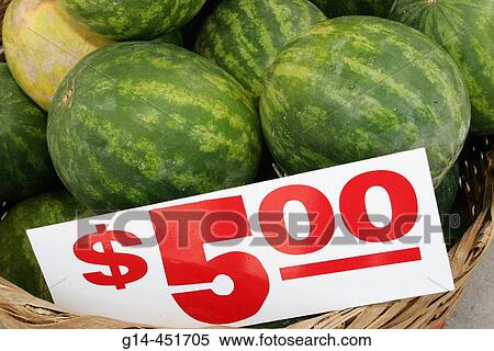 Stock Photography - Farmers market, watermelon, sign, $5. 00. Lincoln Road Mall, Miami Beach, Florida. USA.. Fotosearch