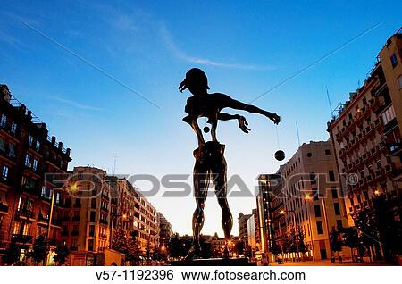 Stock Photograph - Felipe II Avenue from Dal? Square, night view. Madrid, Spain.. Fotosearch