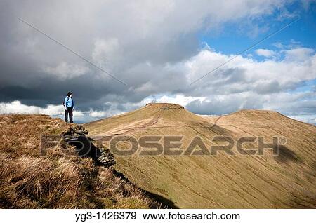 Stock Photo - Female hiker hiking in mountains of Brecon Beacons national park with view of Pen Y Fan and Corn Du, Wales. Fotosearch
