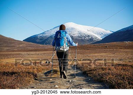 Female hiker hiking north on Kungsleden trail with snow covered Keron + Giron (1543m) mountain peak in distance, Lappland, Sweden. View Large Photo Image Stock Photography - Female hiker hiking north on Kungsleden trail with snow covered Keron + Giron (1543m) mountain peak in distance, Lappland, Sweden.. Fotosearch