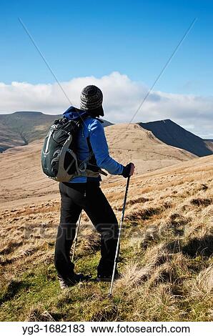Stock Image - Female hiker looking towards distant summit of Cribyn, Brecon Beacons national park, Wales. Fotosearch