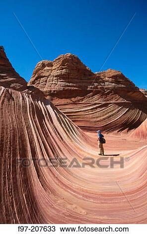 Stock Image - Female hiker. Navajo Sandstone. Coyote Buttes. Arizona. USA. Fotosearch