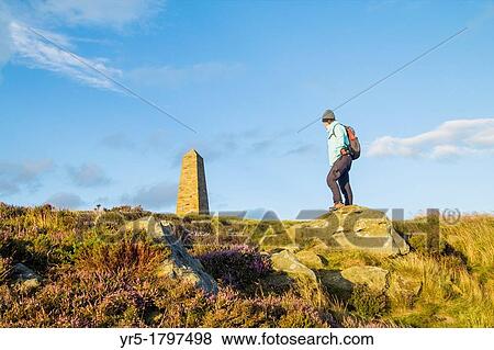 Female hiker near Captain Cook's monument on Easby Moor near Great Ayton The Cleveland Way National Trail, North York Moors National park, North Yorkshire, England, United Kingdom View Large Photo Image Stock Photo - Female hiker near Captain Cook's monument on Easby Moor near Great Ayton The Cleveland Way National Trail, North York Moors National park, North Yorkshire, England, United Kingdom. Fotosearch