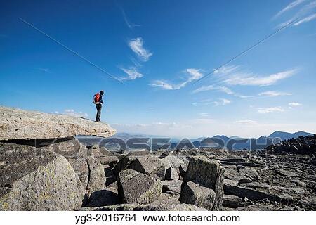 Female hiker on Cantilever stone, Glyder Fach, Snowdonia national park, Wales. View Large Photo Image Picture - Female hiker on Cantilever stone, Glyder Fach, Snowdonia national park, Wales.. Fotosearch