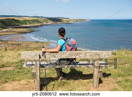 Stock Image - Female hiker on section of The Cleveland Way National Trail between Scarborough and Whitby on the North Yorkshire coast. England, United Kingdom.. Fotosearch