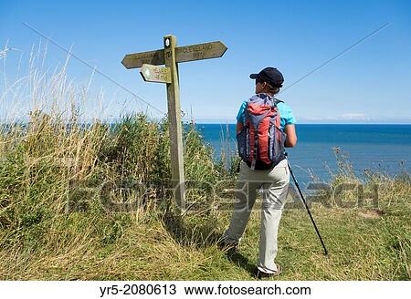 Female hiker on section of The Cleveland Way National Trail between Scarborough and Whitby on the North Yorkshire coast. England, United Kingdom. View Large Photo Image Stock Image - Female hiker on section of The Cleveland Way National Trail between Scarborough and Whitby on the North Yorkshire coast. England, United Kingdom.. Fotosearch