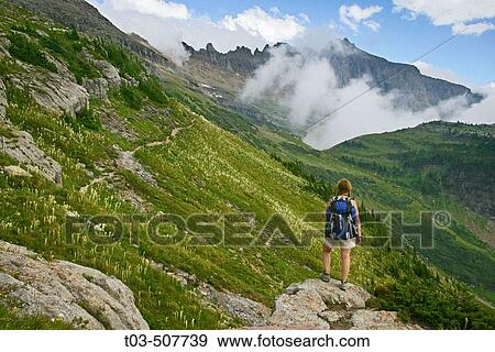 Female hiker pausing on rock outcrop to take in view of the Garden Wall as seen from the Highline Trail in Glacier National Park, Montana, USA View Large Photo Image Stock Photo - Female hiker pausing on rock outcrop to take in view of the Garden Wall as seen from the Highline Trail in Glacier National Park, Montana, USA. Fotosearch