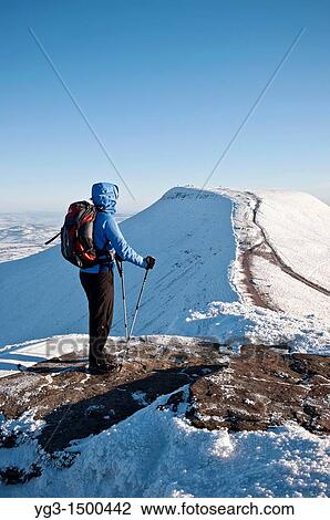 Stock Image - Female hiker viewing Pen Y Fan from Summit of Corn Du in winter, Brecon Beacons national park, Wales. Fotosearch