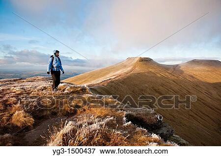 Stock Photo - Female hiker with Corn Du and Pen Y Fan in Background, Brecon Beacons national park, Wales. Fotosearch
