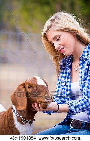 Female teenager petting a goat on a livestock farm in Texas. View Large Photo Image Picture - Female teenager petting a goat on a livestock farm in Texas.. Fotosearch