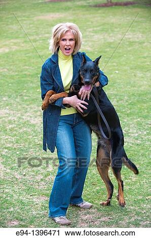 Fifty year old blond woman playing with a Doberman Pinscher in a park. View Large Photo Image Stock Image - Fifty year old blond woman playing with a Doberman Pinscher in a park.. Fotosearch