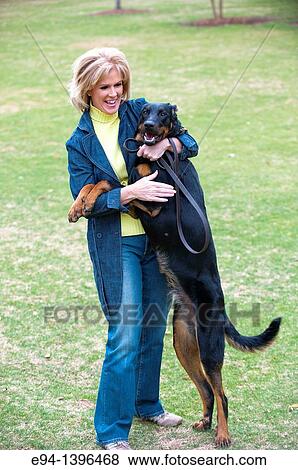 Stock Photo - Fifty year old blond woman playing with a Doberman Pinscher in a park.. Fotosearch