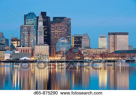 Stock Image - Financial District from East Boston at dawn, Boston, Massachusetts, USA. Fotosearch